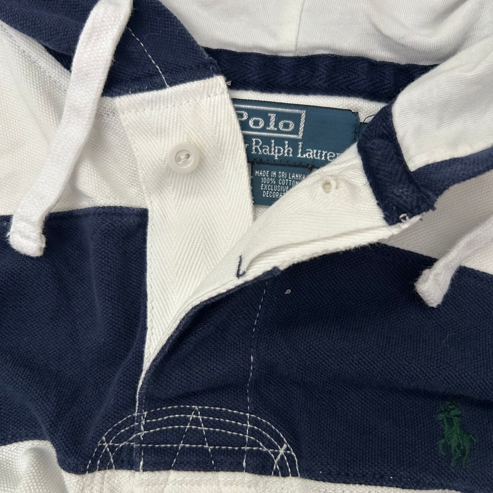 Polo Ralph Lauren Rugby Hoodie Mens Medium Navy White Striped Long Sleeve Cotton - Picture 5 of 9